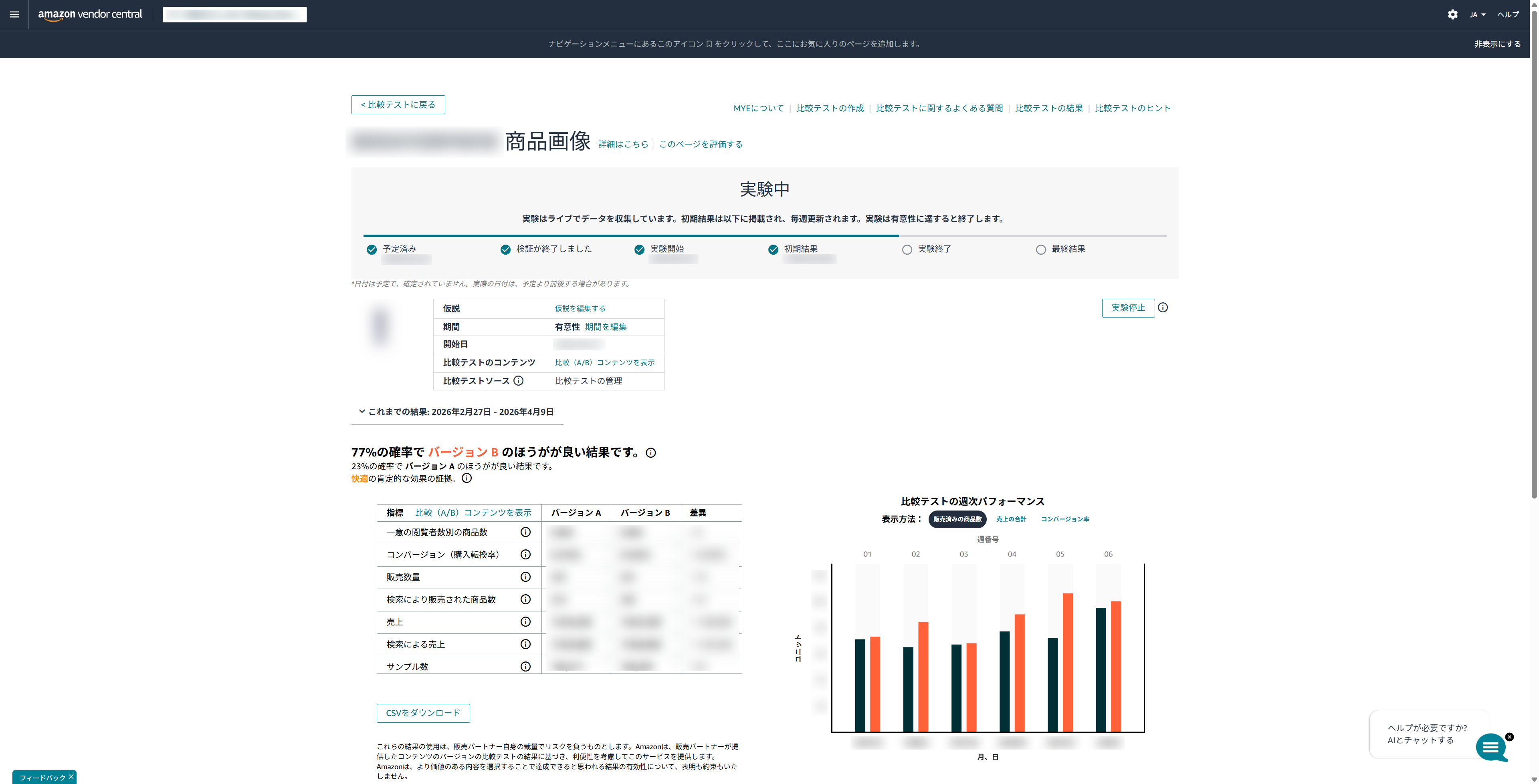 比較テストの管理（Manage Your Experiments）の結果画面